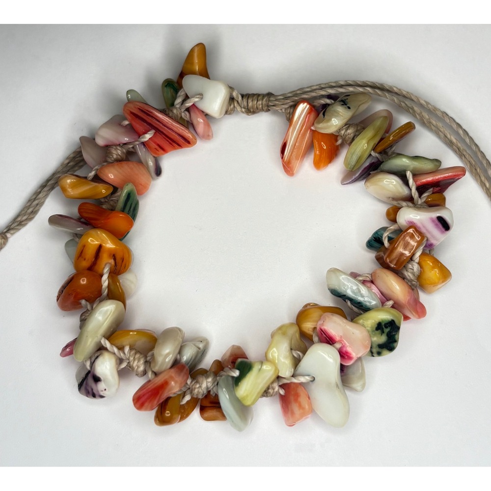 1970s Multi Color Boho Shell Chip Bracelet Adjustable Knotted Cord Beachy Style